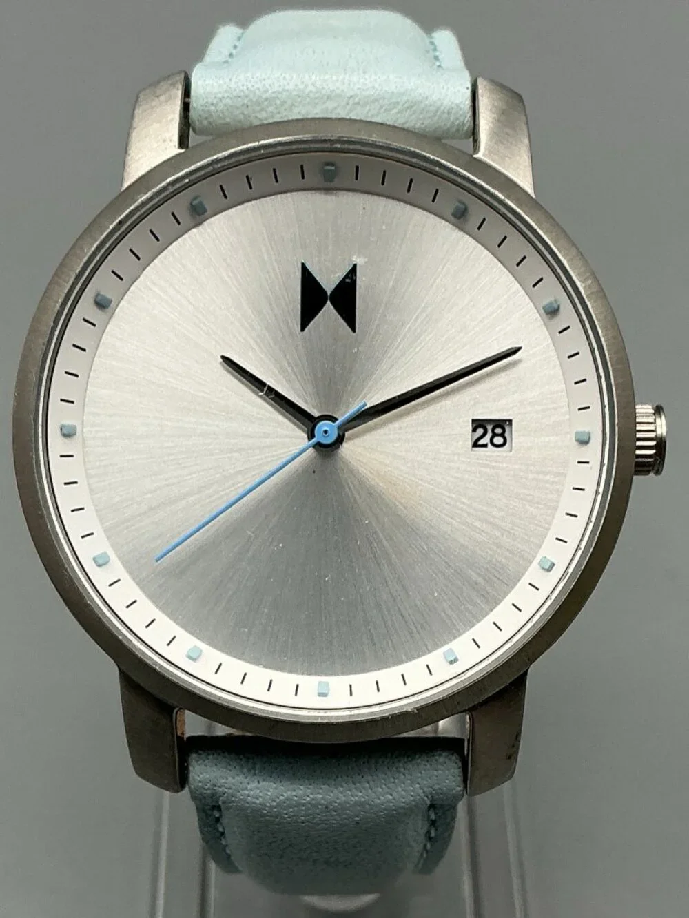 MVMT Skyline Womens Watch 38mm Silver Tone Blue Leather Band New Battery